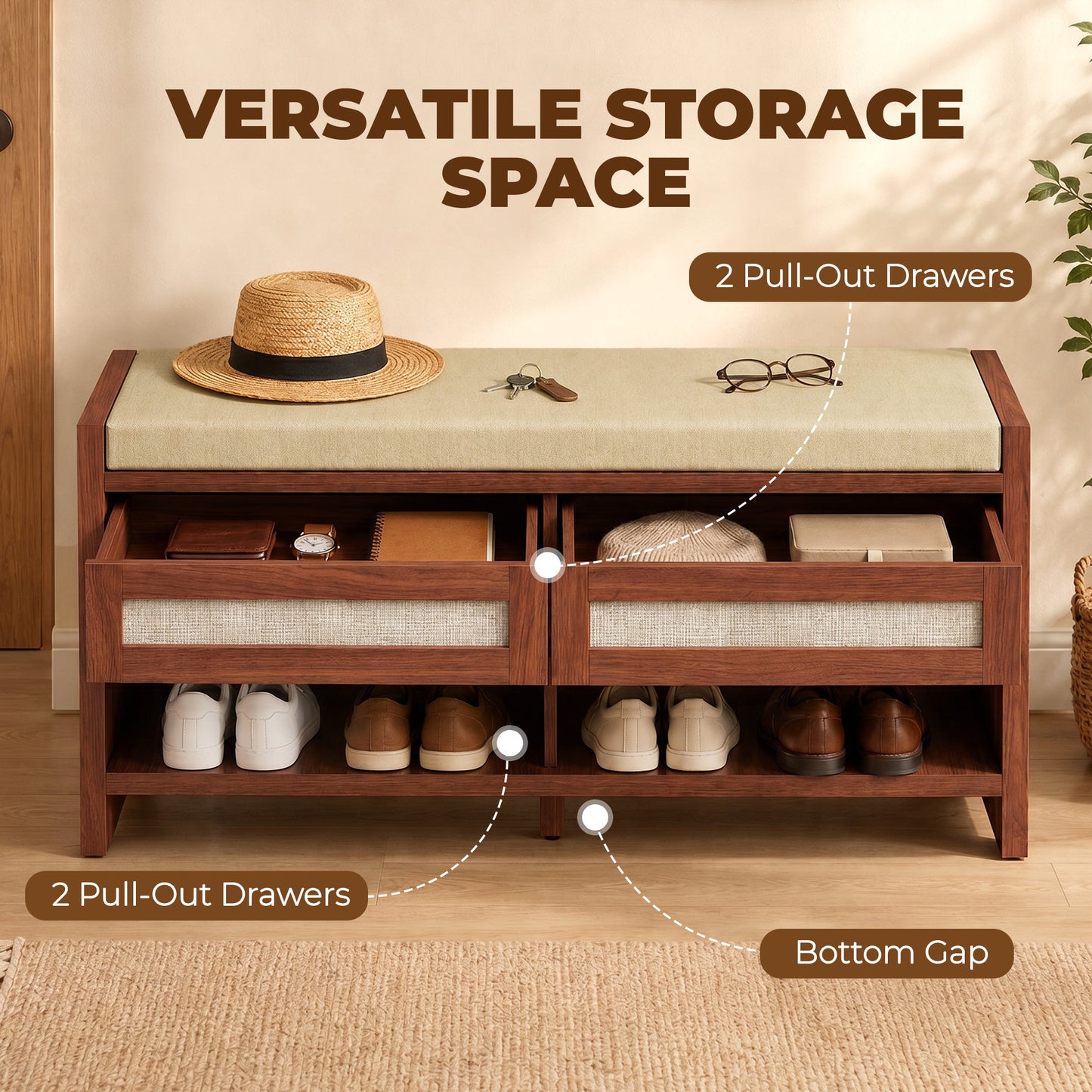 Shoe Bench with 2 Rattan Drawers Cushion Brown