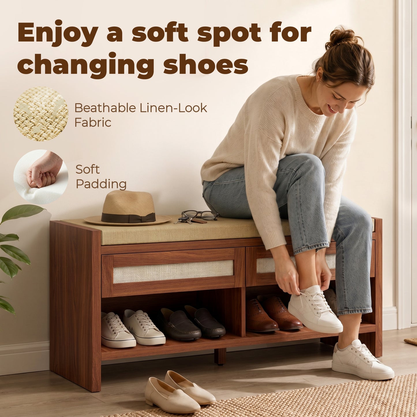 Shoe Bench with 2 Rattan Drawers Cushion Brown