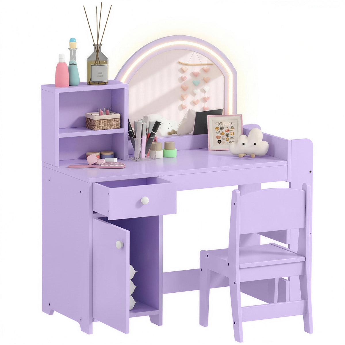 Kids Dressing Table with 2-Colour LED Mirror and Stool, Purple