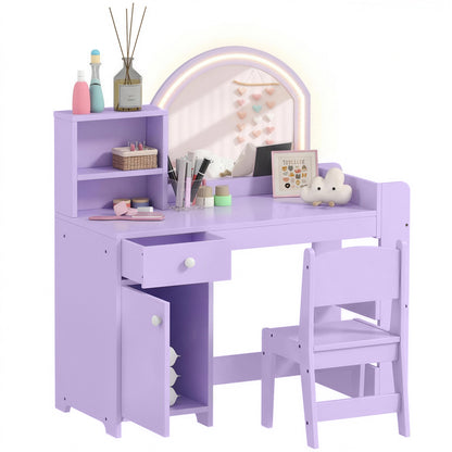 Kids Dressing Table with 2-Colour LED Mirror and Stool, Purple