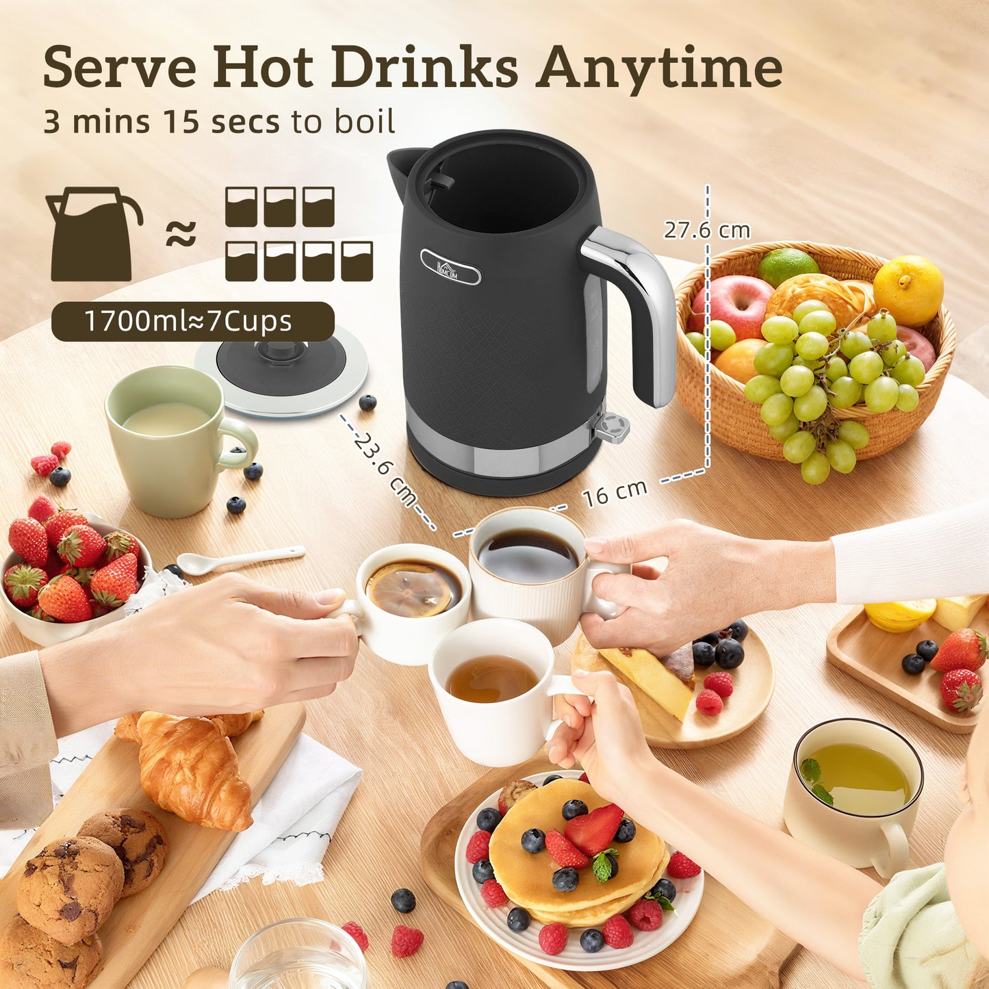 3000W Rapid Boil Kettle and Toaster Set with Otter Thermostat, Black