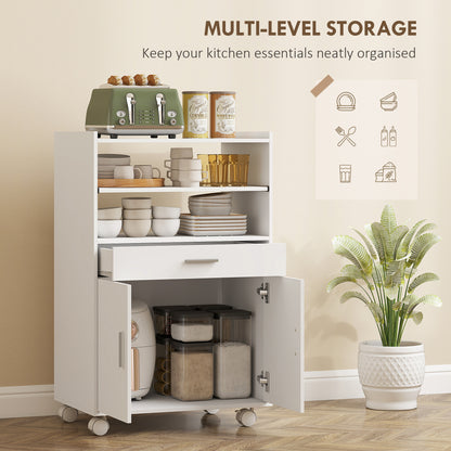 Kitchen Trolley with Wheels, Modern Mobile Microwave Stand with Slide-Out Shelf, Drawer and 2 Doors for Dining Room, 59 x 40 x 92 cm, White