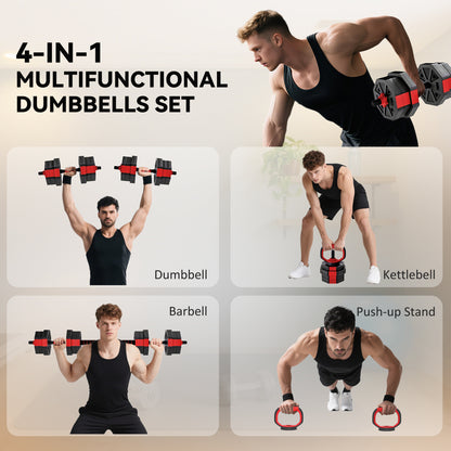 4-in-1 Adjustable Weight Dumbbells Set, 20kg Free Weights Set, Red