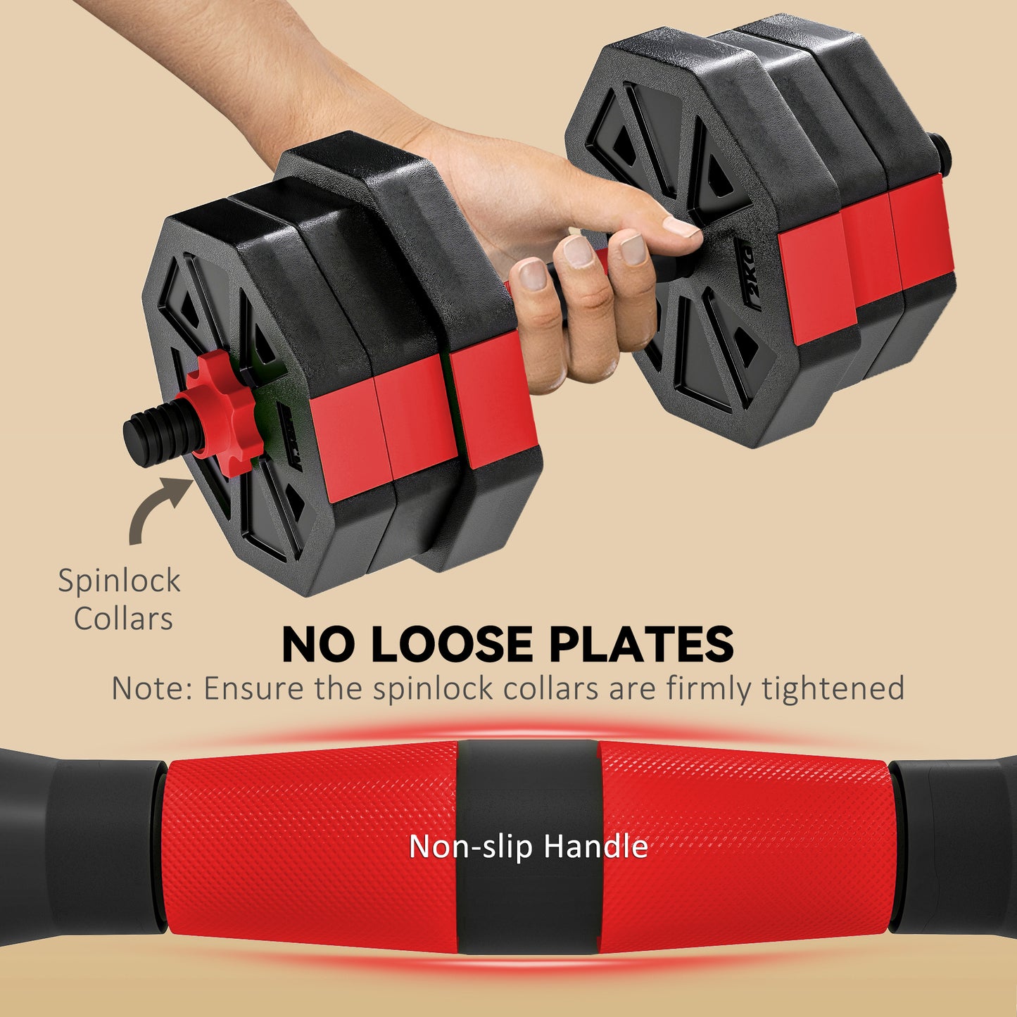 4-in-1 Adjustable Weight Dumbbells Set, 20kg Free Weights Set, Red