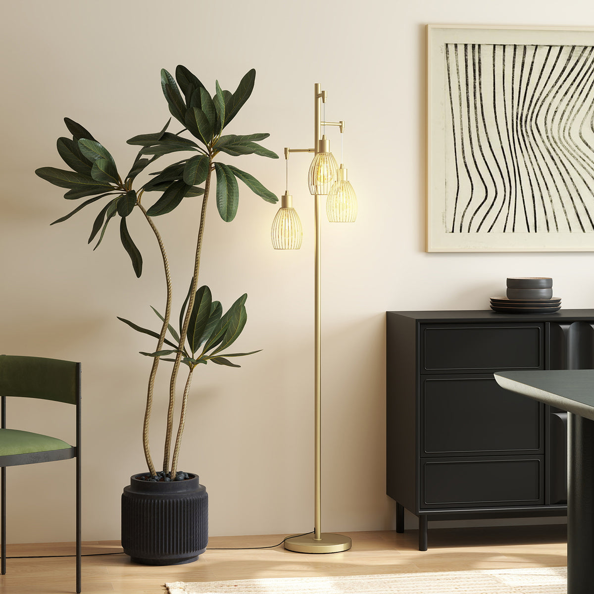 Industrial 3-Light Floor Lamp Dimmable Standing Lamp, Gold