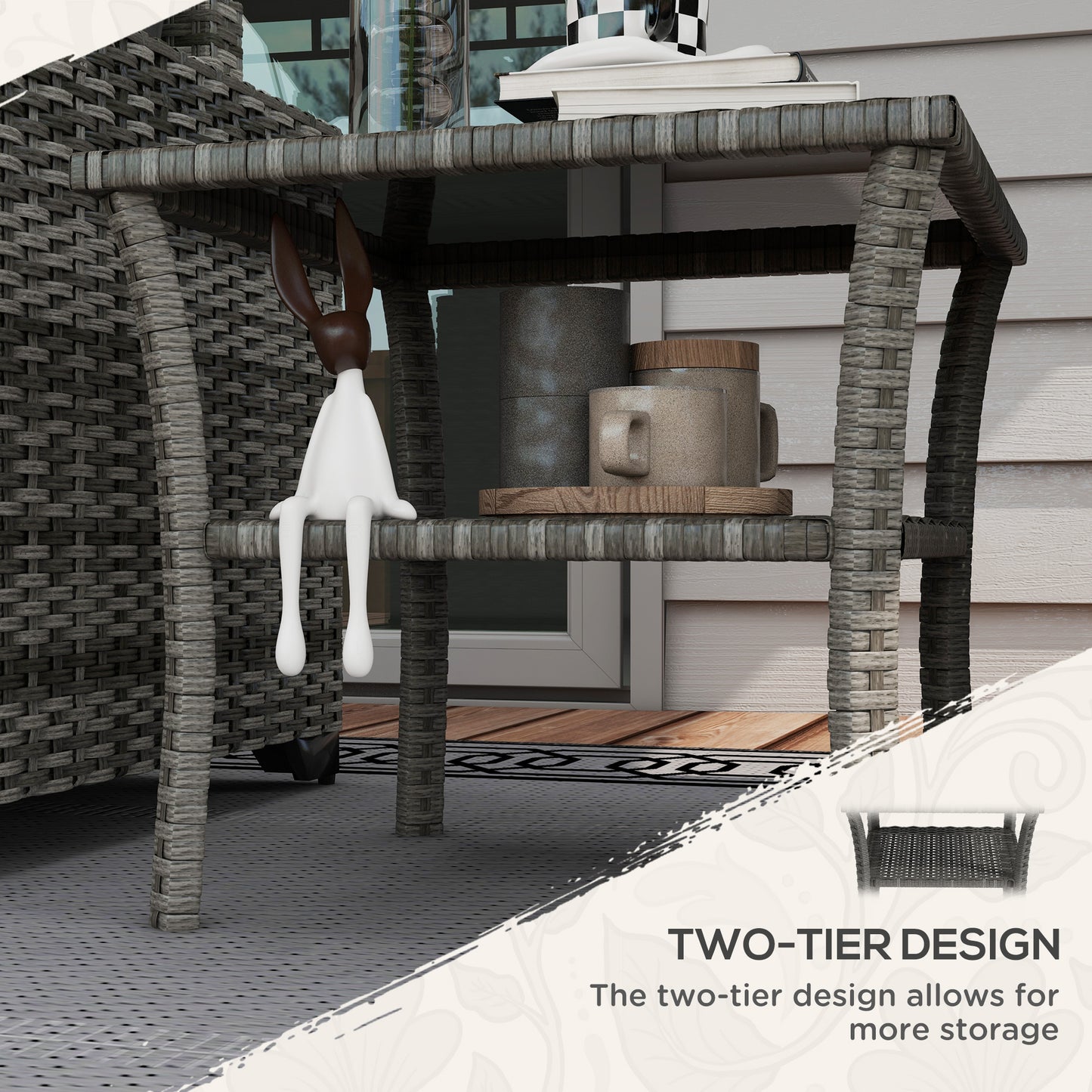 50cm Outdoor PE Rattan Coffee Table, Patio Wicker Two-tier Side Table with Glass Top, for Patio, Garden, Balcony, Grey