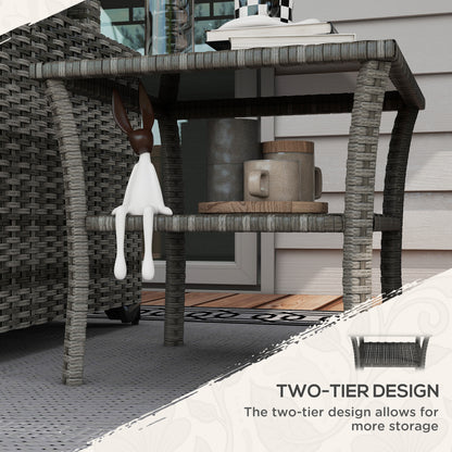 50cm Outdoor PE Rattan Coffee Table, Patio Wicker Two-tier Side Table with Glass Top, for Patio, Garden, Balcony, Grey