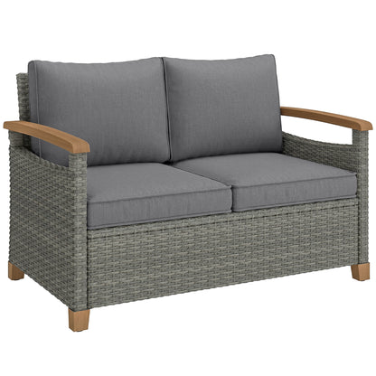 2 Seater Rattan Garden Sofa with Acacia Wood Armrests, Dark Grey