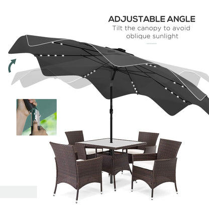 Solar Patio Umbrella with LED and Tilt, Outdoor Market Table Umbrella Parasol with Crank, 3 x 3 (m), Grey