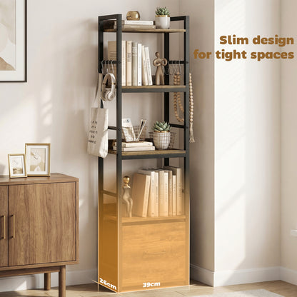 4-Tier Bookshelf, Shelving Unit with Drawer, 8 Hooks, Rustic Brown