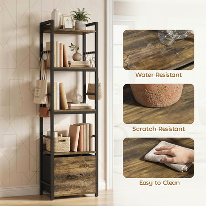 4-Tier Bookshelf, Shelving Unit with Drawer, 8 Hooks, Rustic Brown