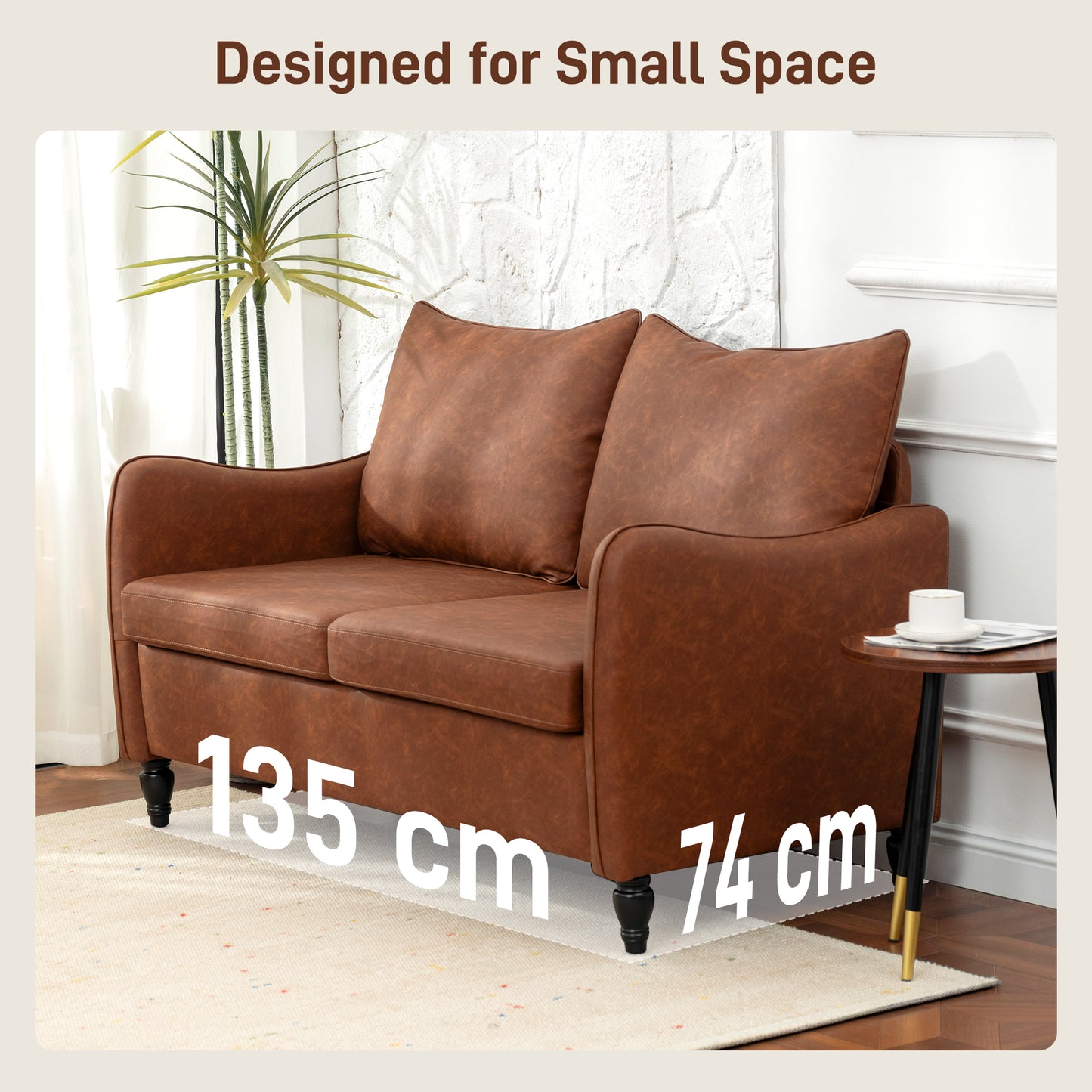 Two-Seater Sofa, Modern Small Sofa with Solid Wood Legs, Brown