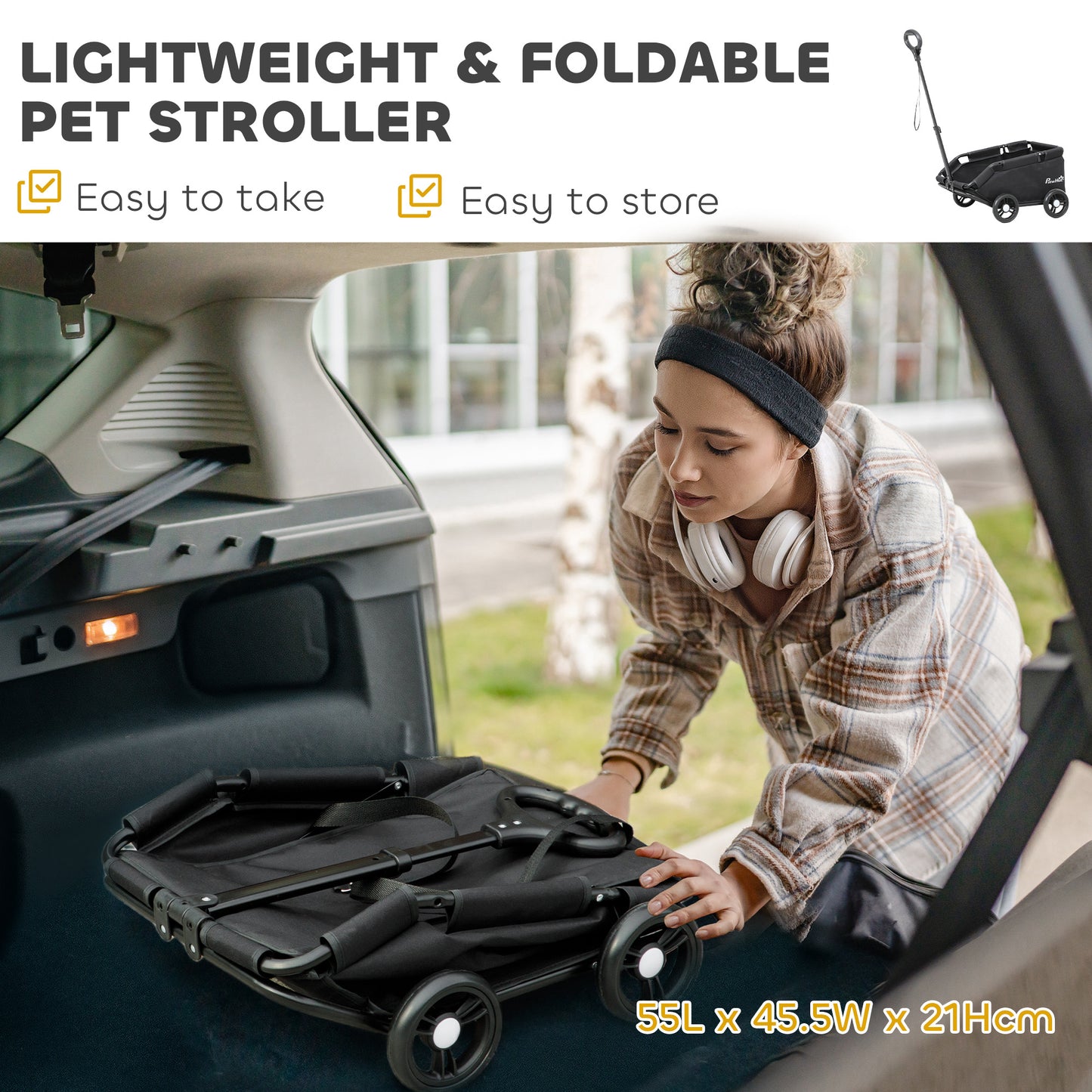 Foldable Dog Stroller with Safety Straps, Storage Bag, Black