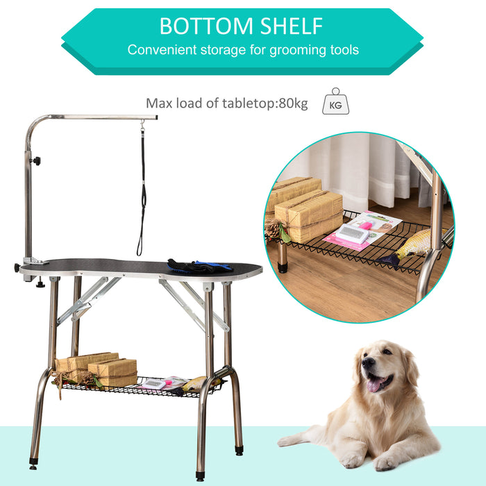 Foldable Pet Grooming Table Dog Drying Table with Adjustable Arm Non-Slip Rubber Tabletop Aluminium Alloy Edge Stainless Steel Bar Sling Black