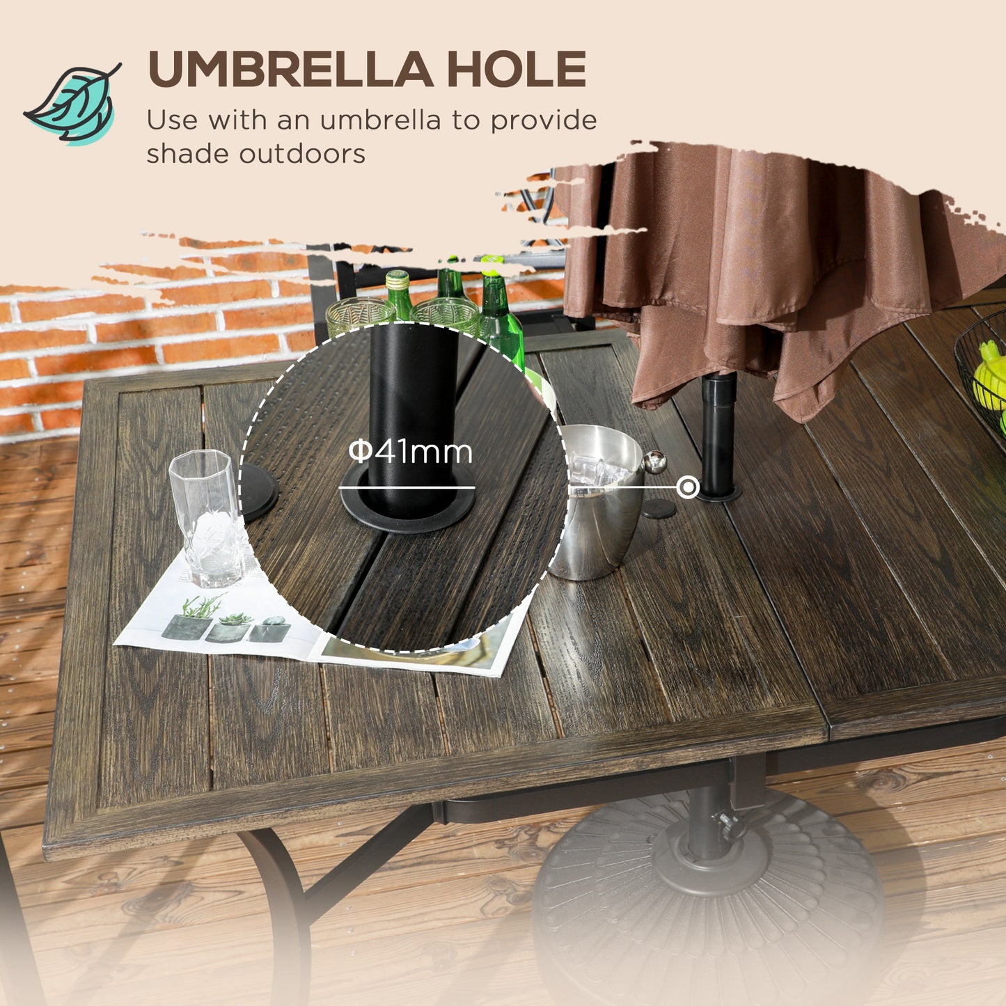 Garden Table with Parasol Hole for Patio, Deck, Brown, 150 x 96 x 73cm