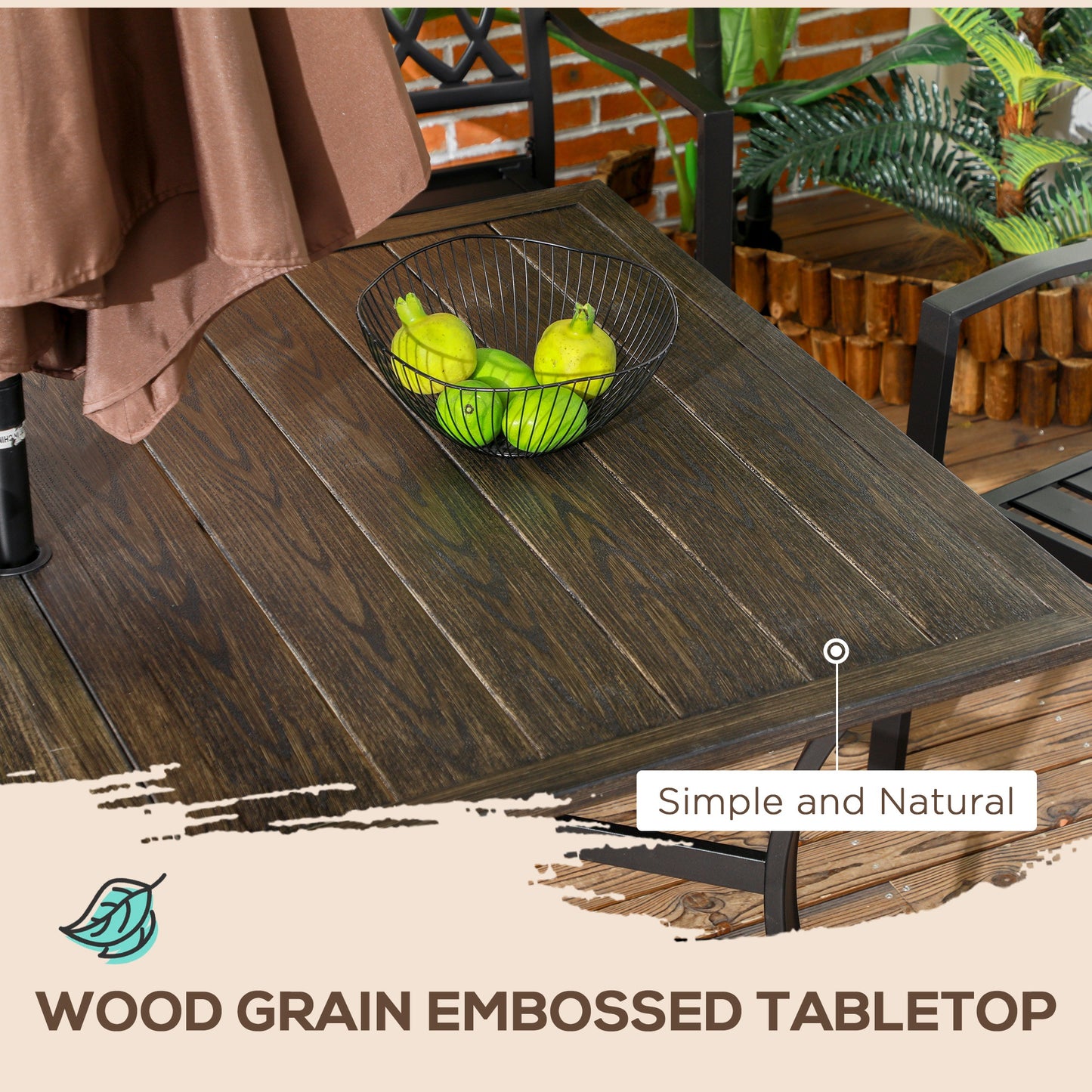 Garden Table with Parasol Hole for Patio, Deck, Brown, 150 x 96 x 73cm