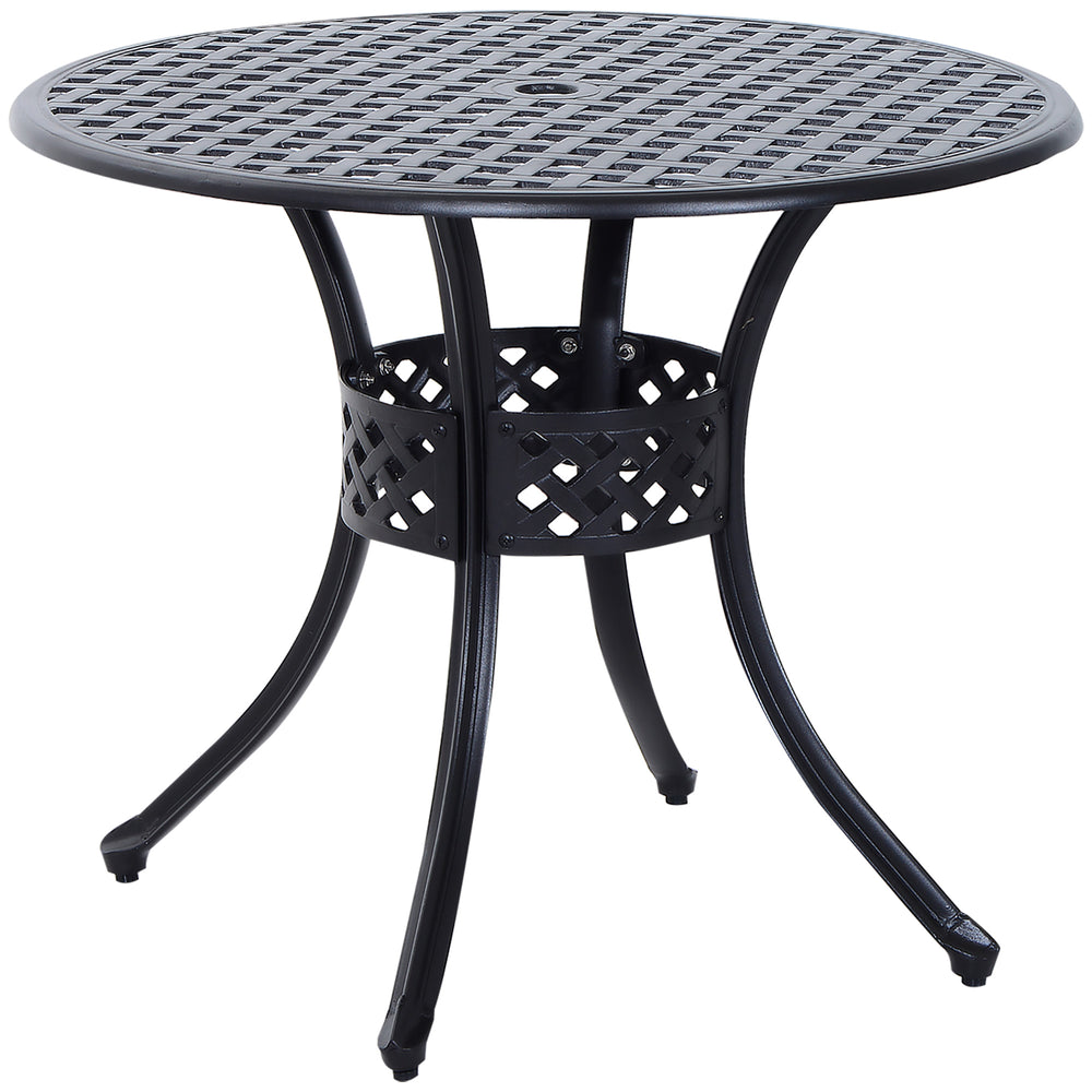 85cm Round Garden Table with Umbrella Hole, Aluminium Grid Motif Outdoor Dining Table for Garden Patio, Black