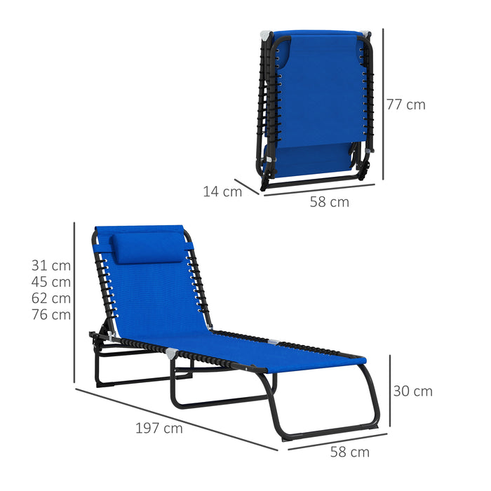 2 Pcs Folding Sun Lounger Beach Chaise Chair Garden Cot Camping Recliner with 4 Position Adjustable Blue