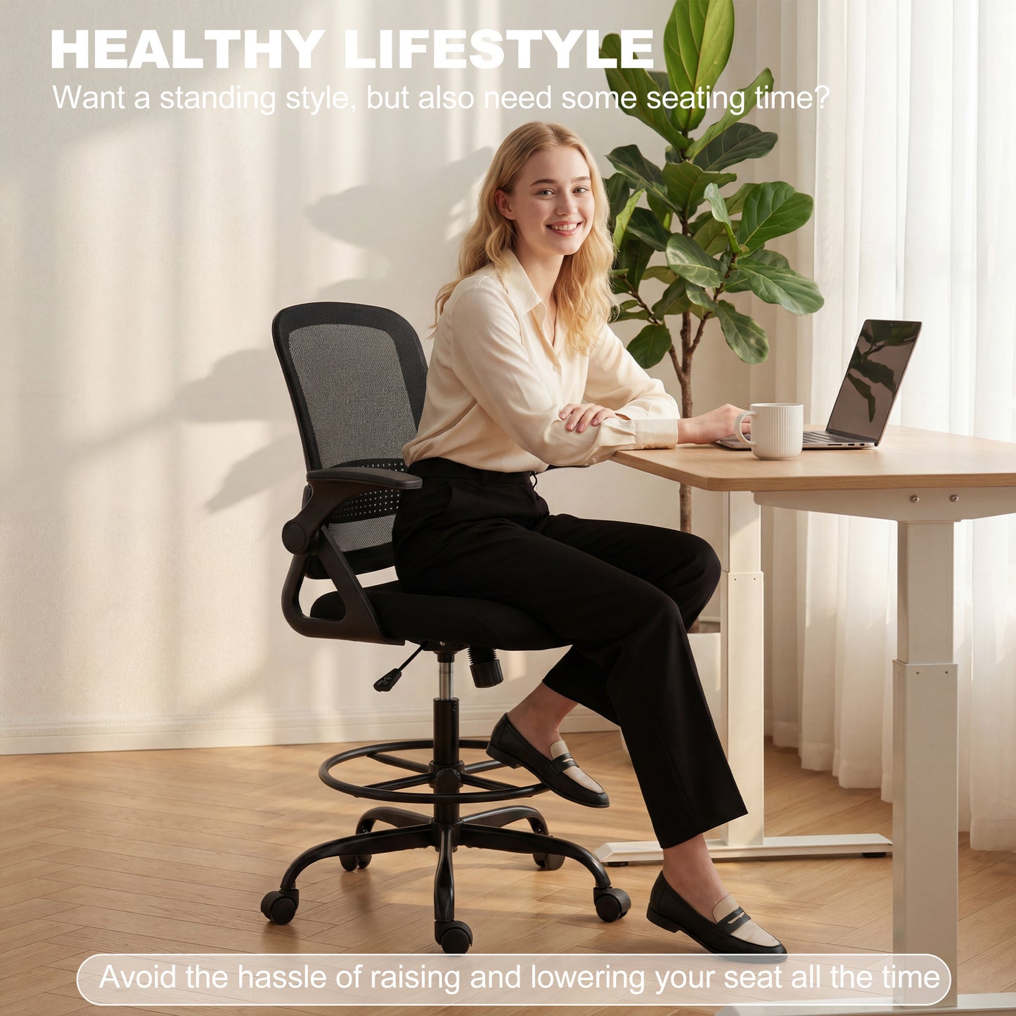 Mesh Painting Chair, Rolling Desk Chair with Flip-up Armrests, Black