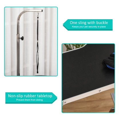 Foldable Dog Grooming Table Pet Drying Table with Adjustable Arm Non-Slip Rubber Tabletop Aluminium Alloy Edge Stainless Steel Bar Sling 94.5 x 55 x 81cm Black