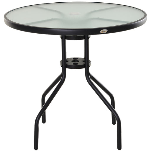 Garden Table Outdoor Round Dining Coffee Table with Parasol Hole, Tempered Glass Top Side Table - 80cm Diameter