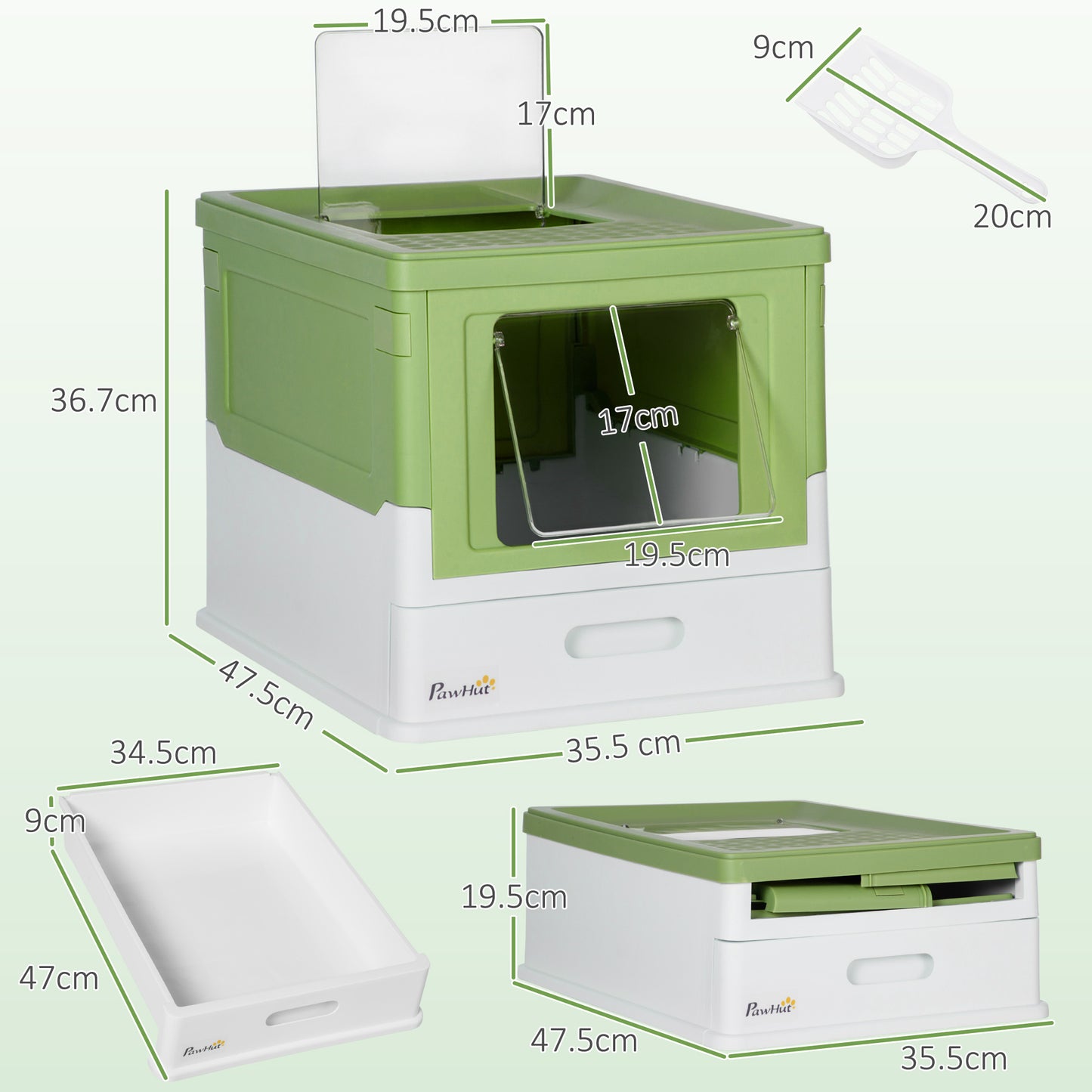 Hooded Cat Litter Box, Pet Toilet w/ Scoop, Tray - Light Green