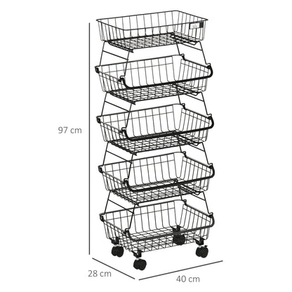 5 Tier Storage Trolley Cart Vegetable Rack with Wheels for Kitchen