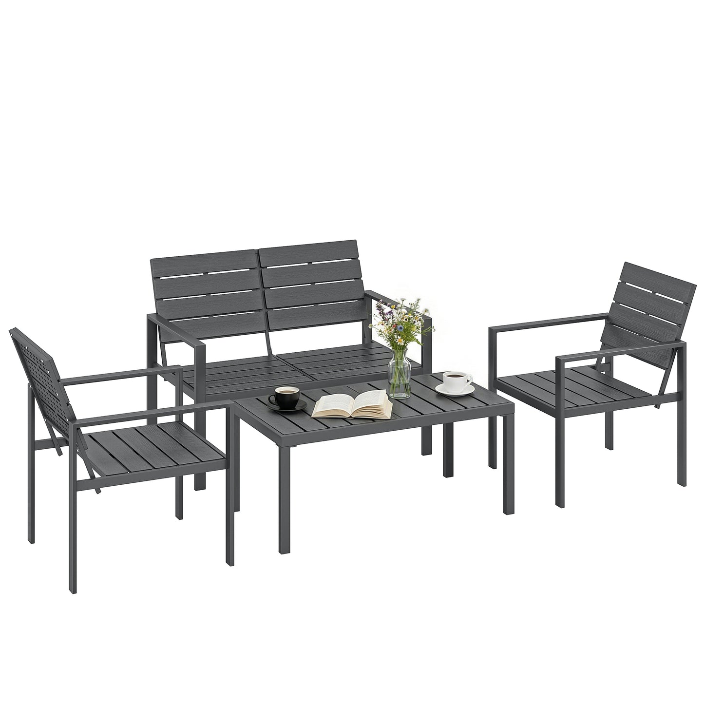 4 Piece Garden Furniture Set, HDPE Metal Outdoor Sofa, Dark Grey