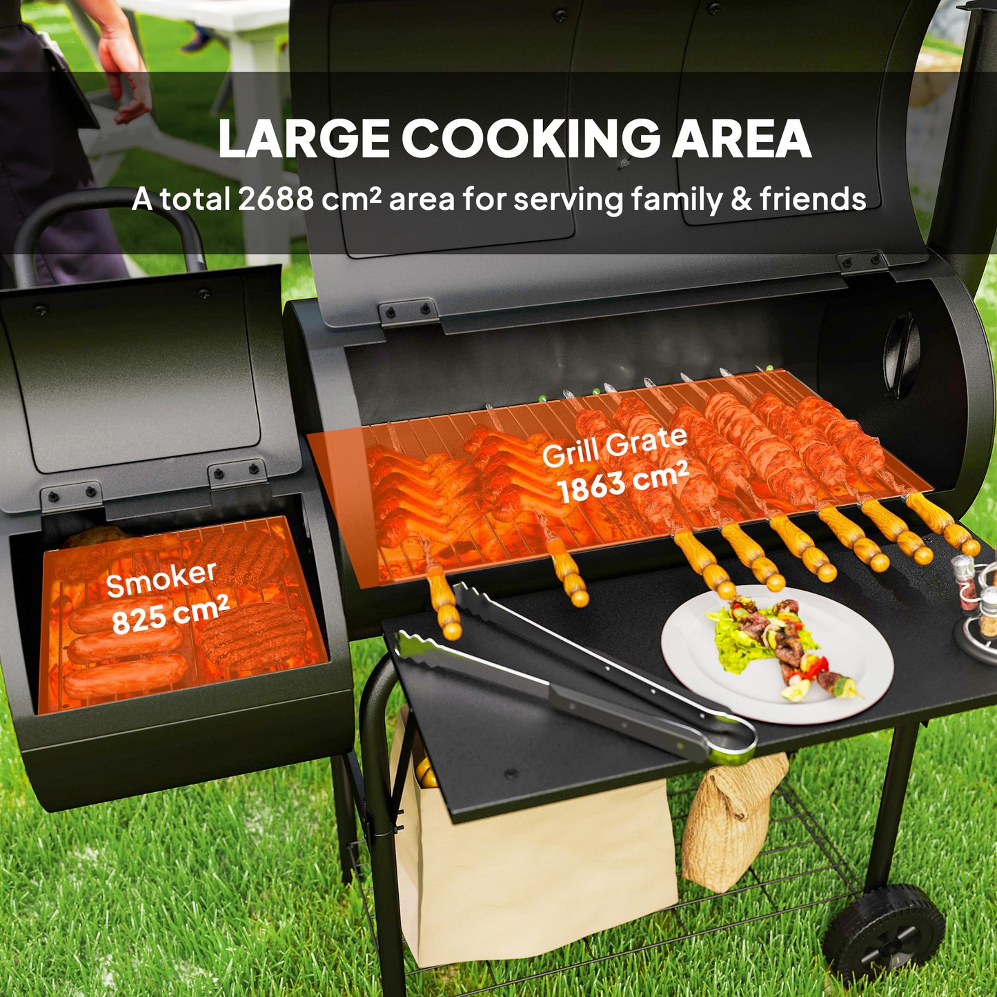 Portable Outdoor Charcoal Grill BBQ Grill with Offset Smoker Black