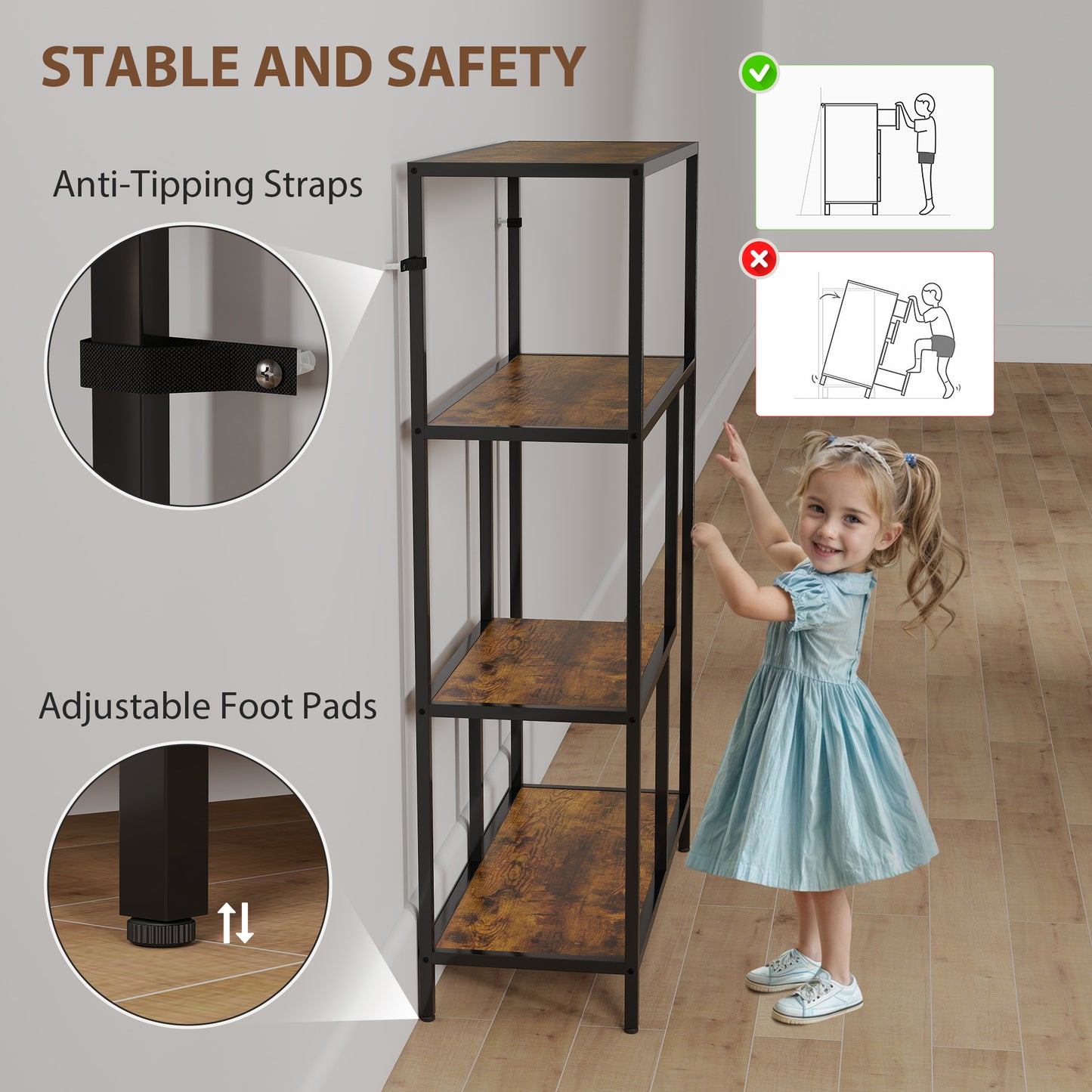Industrial Bookshelf Bookcase w/ Open Shelves for Study Rustic Brown