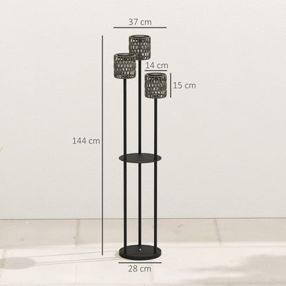 3-Light Solar Rattan Floor Lamp with Shelf, Auto On/Off, Grey