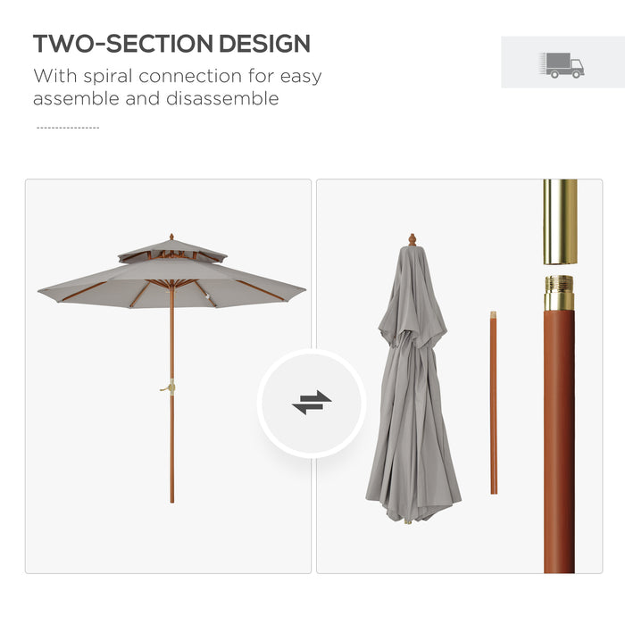 2.7 m Double Tier Outdoor Patio Garden Sun Umbrella Sunshade Wooden Parasol Grey Shade Canopy