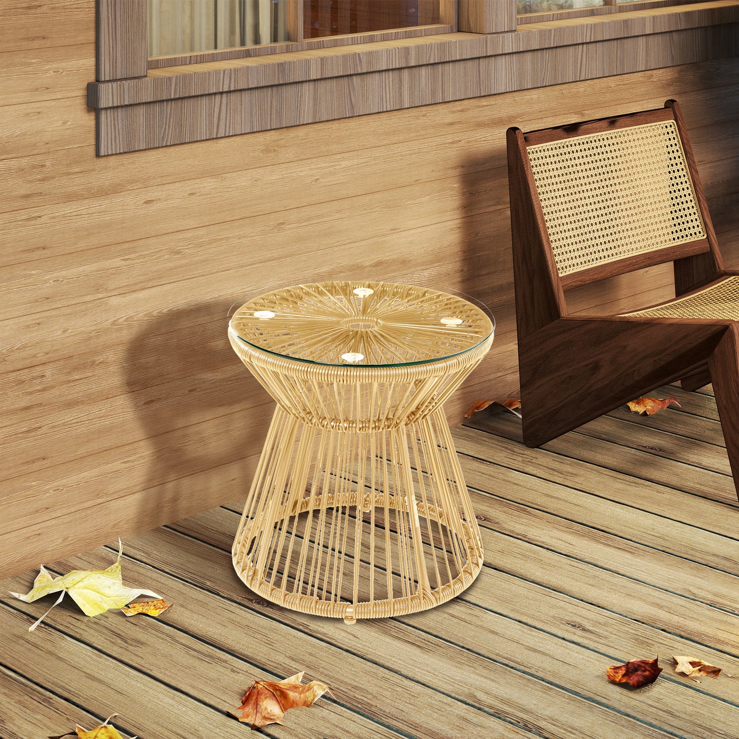 PE Rattan End Table, Round Hollow Drum Design Side Table, Natural