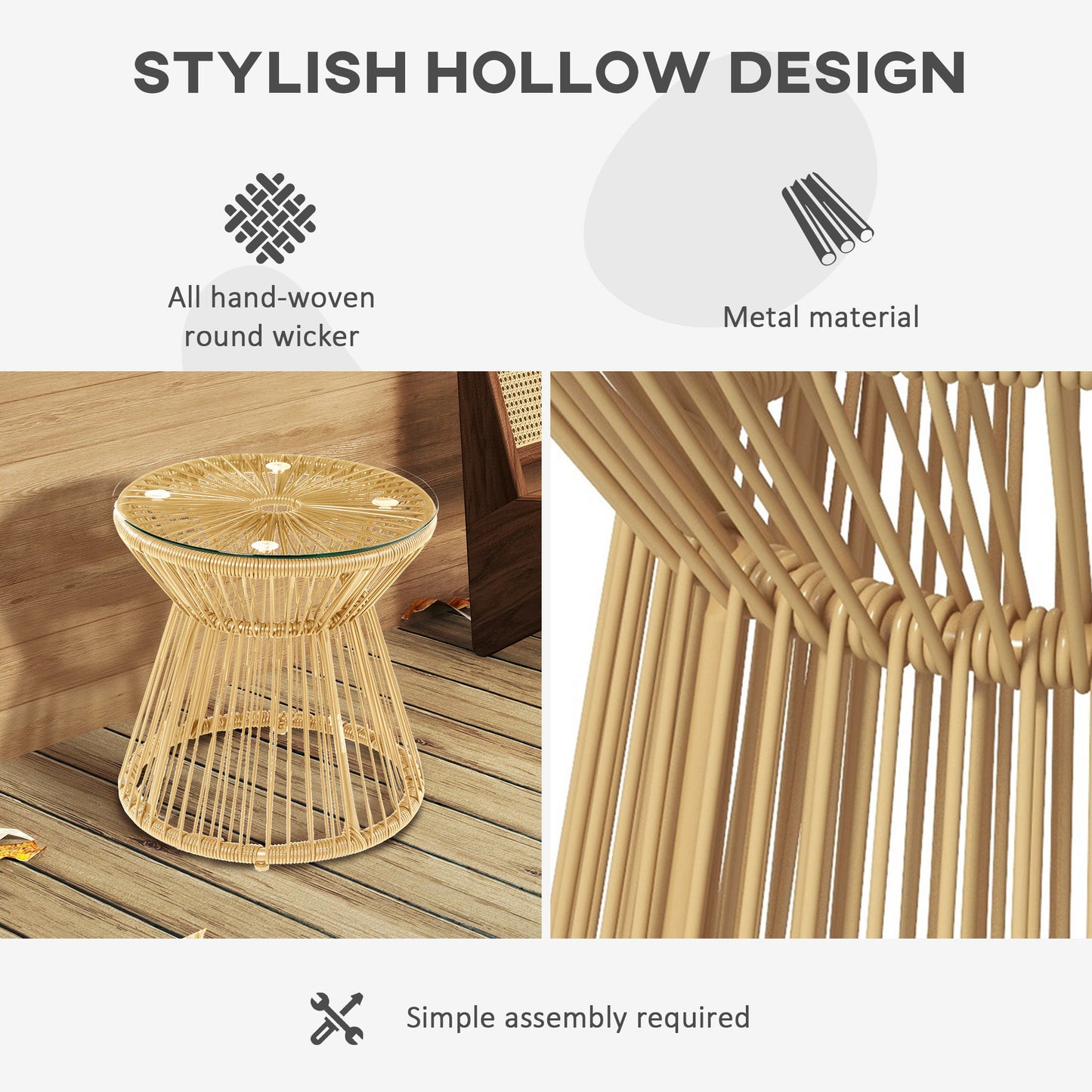 PE Rattan End Table, Round Hollow Drum Design Side Table, Natural