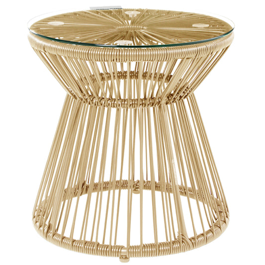 PE Rattan End Table, Round Hollow Drum Design Side Table, Natural