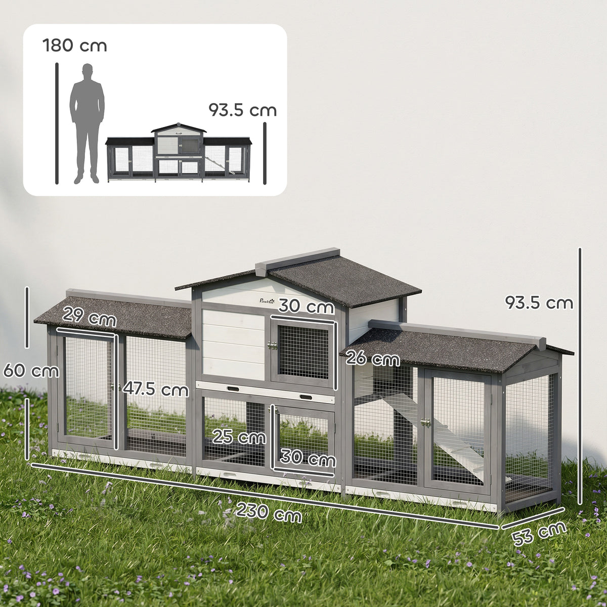 Rabbit Hutch, Guinea Pig Hutch, 2-Tier Bunny House w/ Run, Grey