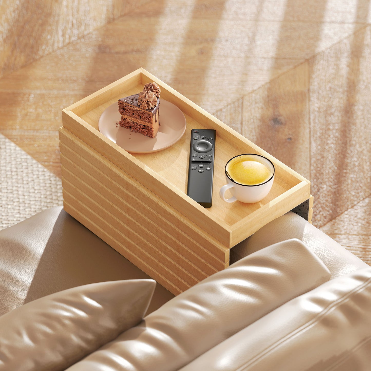 Bamboo Sofa Arm Tray, Foldable Anti-Slip Armrest Tray for Drinks