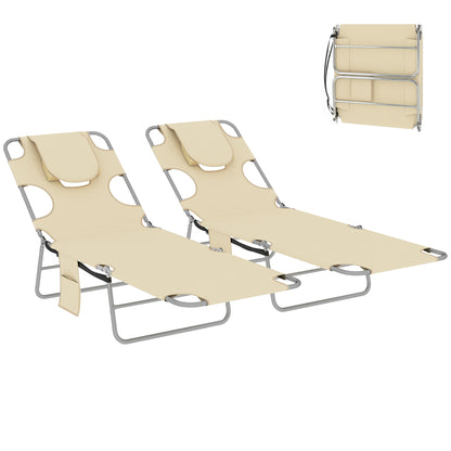 2 Sun Loungers with Reading Hole, Folding Garden Lounger, Beige