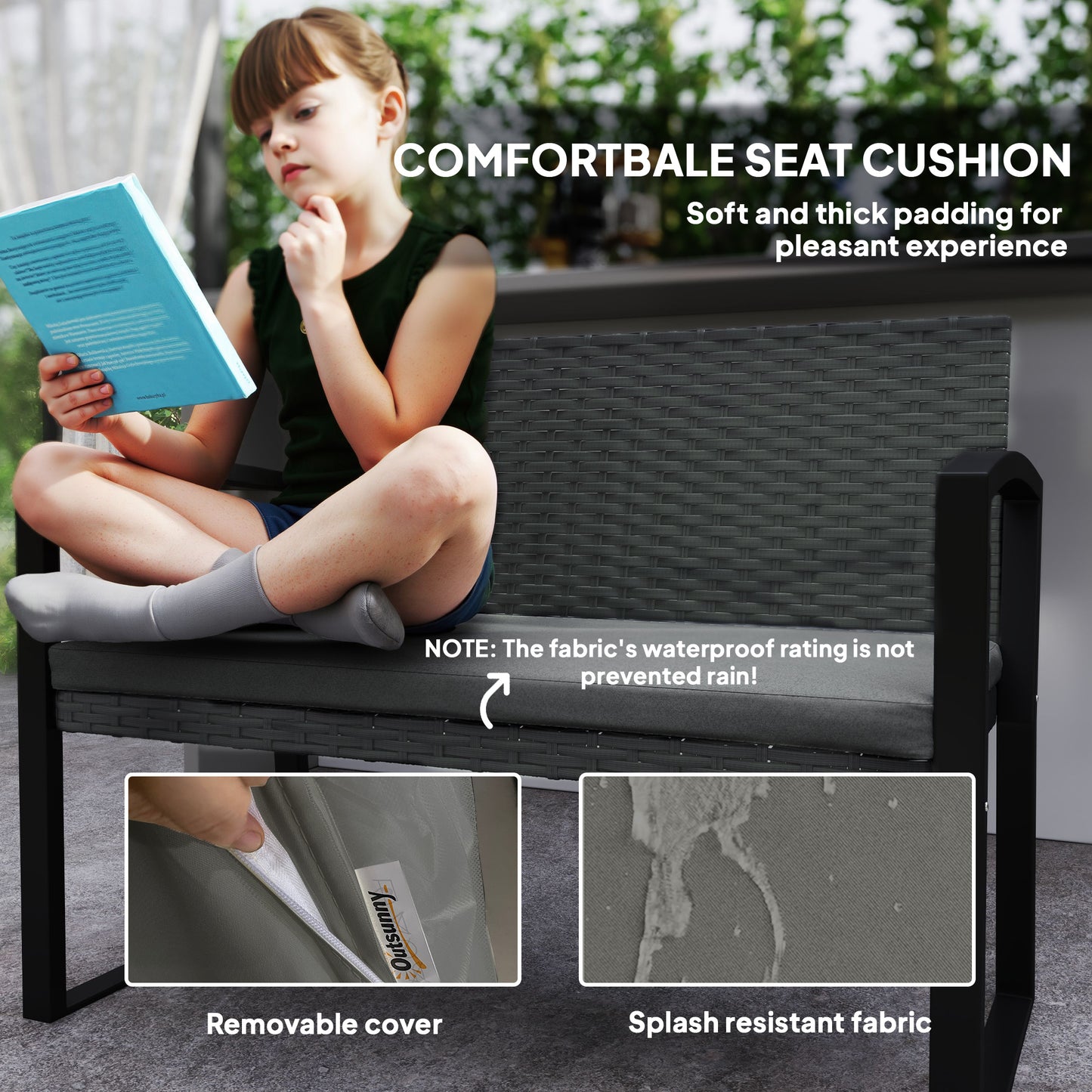 2 Seater Rattan Garden Bench with Cushion, Steel Frame, Dark Grey