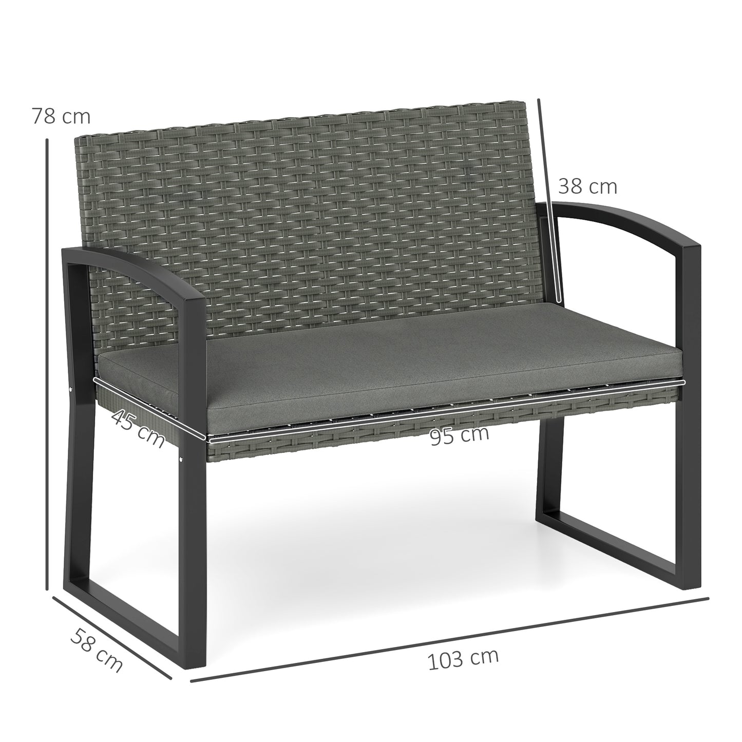 2 Seater Rattan Garden Bench with Cushion, Steel Frame, Dark Grey