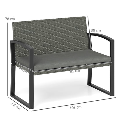 2 Seater Rattan Garden Bench with Cushion, Steel Frame, Dark Grey