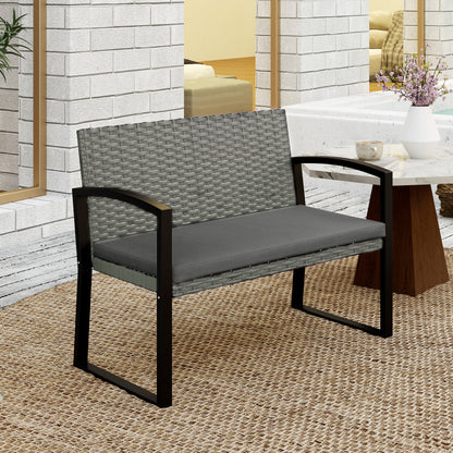 2 Seater Rattan Garden Bench with Cushion, Steel Frame, Dark Grey