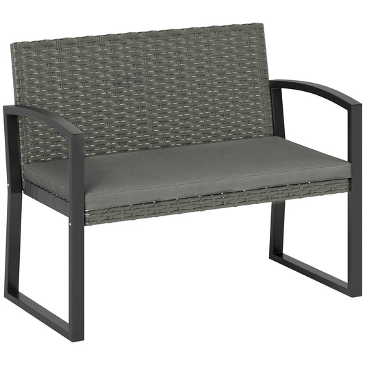 2 Seater Rattan Garden Bench with Cushion, Steel Frame, Dark Grey