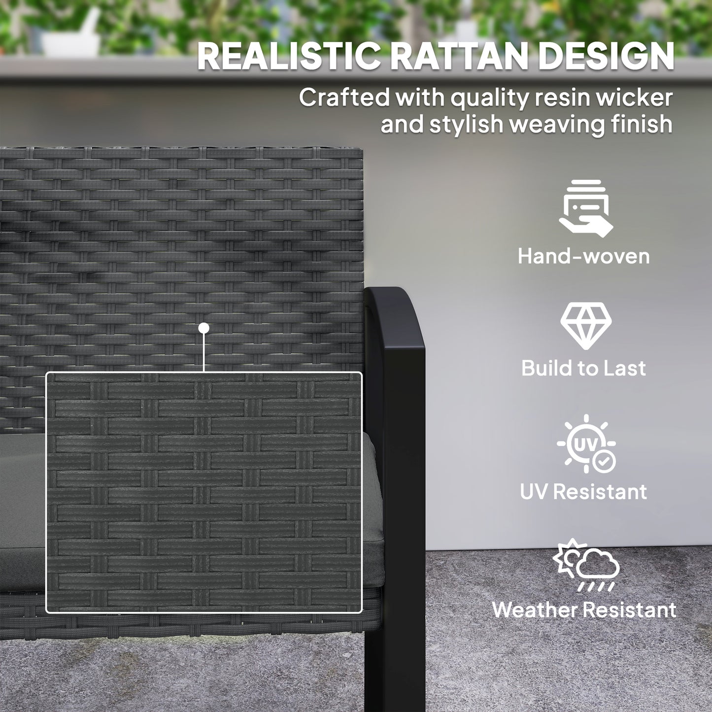 2 Seater Rattan Garden Bench with Cushion, Steel Frame, Dark Grey
