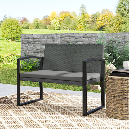 2 Seater Rattan Garden Bench with Cushion, Steel Frame, Dark Grey