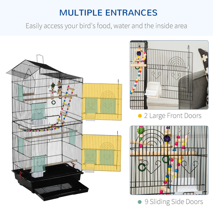 Bird Cage for Budgies Finches Canaries with Accessories, Toys, Tray, Handle, 46 x 36 x 100 cm, Black