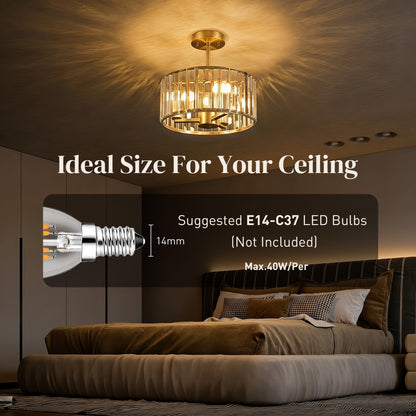 Crystal Ceiling Light Fixture, Semi Flush Mount Modern Crystal Chandelier Ceiling Light for Living Room, Bedroom, Hallway, Dining Room, E14 Base 3-Lights, Bulbs Not Included, Gold Tone