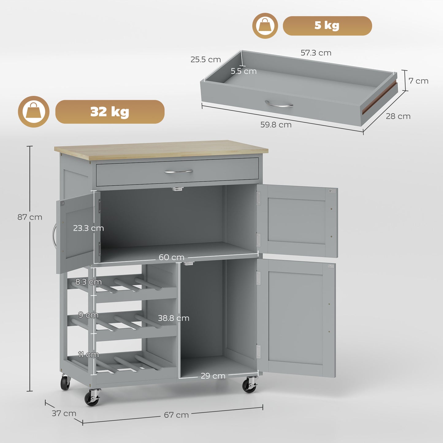 Rolling Kitchen Island Trolley Storage Cart w/ Rubberwood Top, Grey