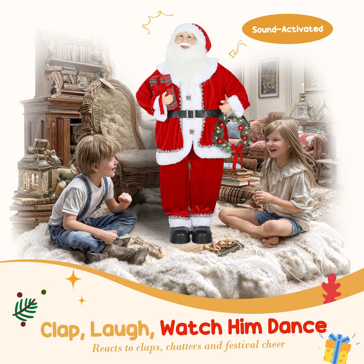 Musical Animated Santa Claus with Music, Dancing, Gift and Wreath