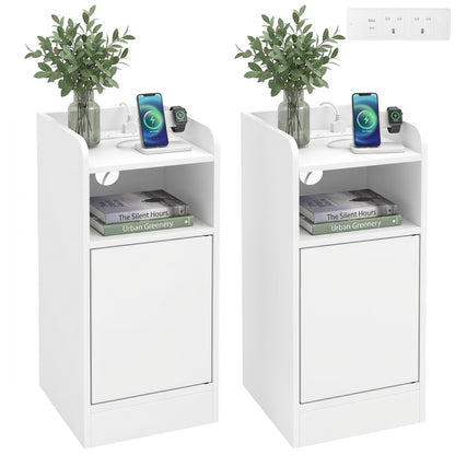 Slim Bedside Table Set of 2 with Charging Station, White